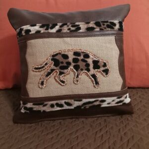 Leather Leopard Accent Throw Pillow in Brown and Tan Handmade